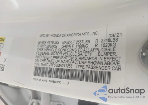 2021 Honda Accord Hybrid Ex-L из США, поврежденный, VIN 1HGCV3F53MA011255